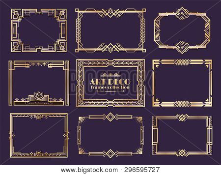 Art Deco Borders. 1920s Golden Frames, Nouveau Fancy Decorative Elements For Vintage Posters. Vector