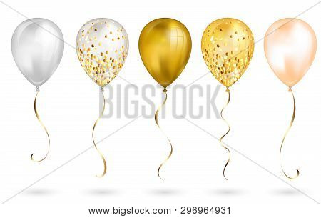 Set Of 5 Shiny Gold Realistic 3D Helium Balloons For Your Design. Glossy Balloons With Glitter And G