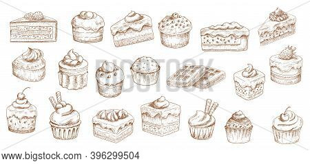 Cakes Sketch Icons, Pastry Desserts, Bakery Sweets, Vector Hand Drawn. Bakery And Pastry Shop Sweet 