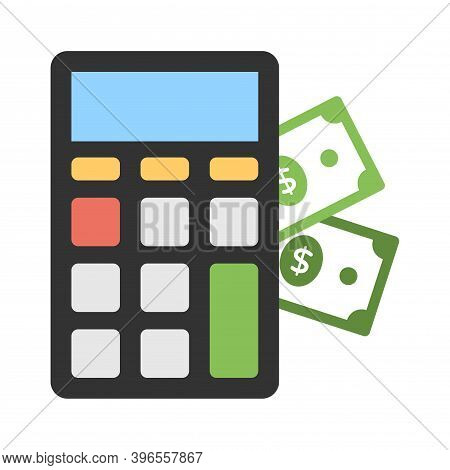 Commerce Cost Calculation Icon In Flat Style. Calculator And Money Sign.