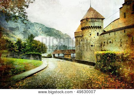 swiss castle - artistic picture in old painting style (from my castles collection)