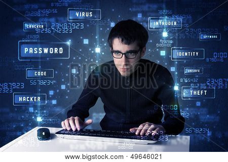 Hacker programing in technology enviroment with cyber icons and symbols