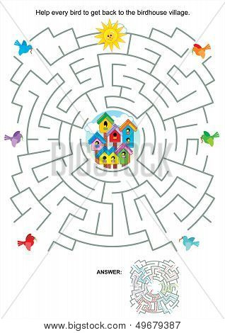 Maze game for kids - birds and birdhouses