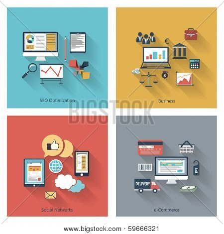 Set of modern concepts in flat design with long shadows and trendy colors for web, mobile applications, seo optimizations, business, social networks, e-commerce etc. Vector eps10 illustration