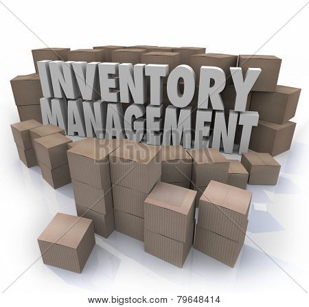 Inventory management words in 3d letters surrounded by cardboard boxes full of products in a warehouse or storage area to illustrate logistics or supply chain control