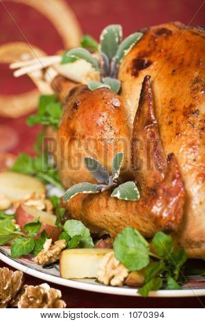 Closeup Of Christmas Turkey On Dinner Table