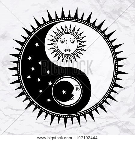 Yin yang symbol with moon and sun