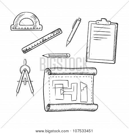 Architect drawing and tools sketches