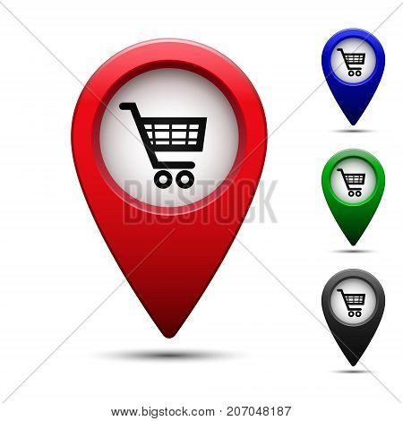 Colored map pointer with symbol supermarket. For location map. Mark icon. Sign for gps navigation. Index location on map. Pointer location. Vector isolated ilustration.