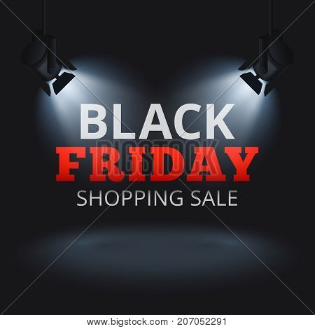 Black Friday shopping sale vector background with spotlights on stage and illuminated text. Black friday discount banner, promotion advertising illustration