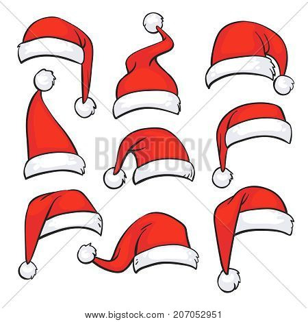 Santa red hats with white fur. Isolated Christmas holiday vector decoration. Christmas hat santa claus illustration