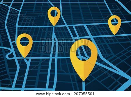 GPS navigation service vector concept. 3D map with location pointers. 3d navigation gps service for travel and search location illustration