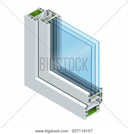 Isometric Cross-section diagram of a triple glazed window pane PVC profile laminated wood grain, classic white. Flat illustration of Cross-section diagram of glazed windows.