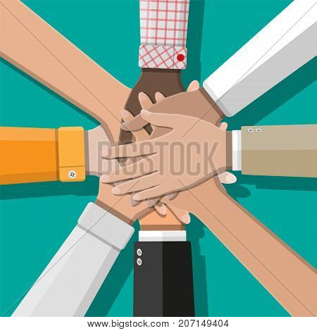 People showing unity with their hands together. Crossed hands. Multiethnic group and human diversity. Business, team work, cooperation and partnership. Vector illustration in flat style