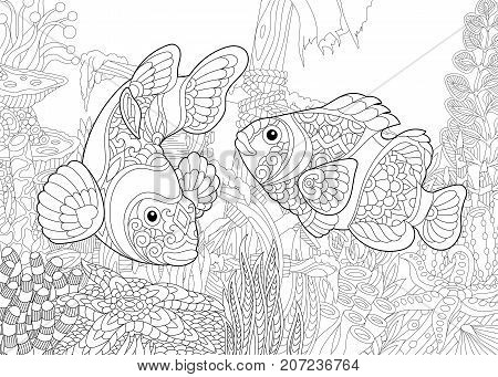 Coloring page of underwater world. Clown fish on the background of a sunken ship. Freehand sketch drawing for adult antistress coloring book in zentangle style.