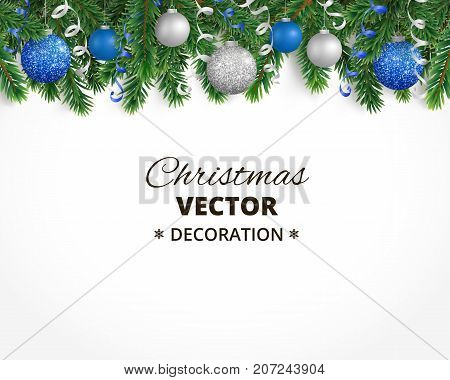 Holiday background with christmas tree garland and ornaments. Hanging blue and silver balls and ribbons. Great for christmas cards, banners, flyers, party posters. Vector illustration