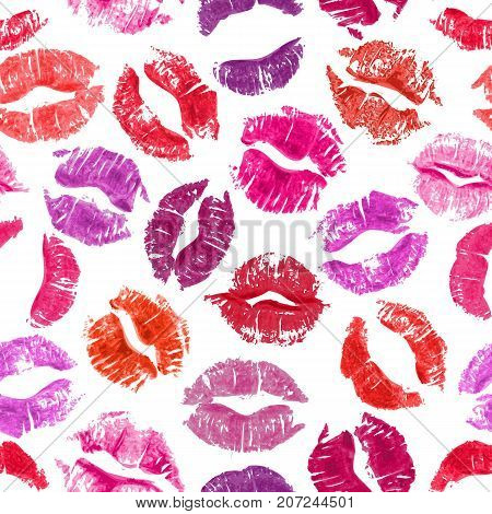 Seamless pattern with lipstick kisses. Colorful lips imprints of red purple and pink shades isolated on a white background. Endless ornament for fabric print, wrapping or romantic greeting card design