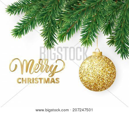 Christmas card with fir tree branches, hanging christmas ball and Merry Christmas text. Realistic fir-tree border, frame isolated on white. Great for christmas flyers, party posters.