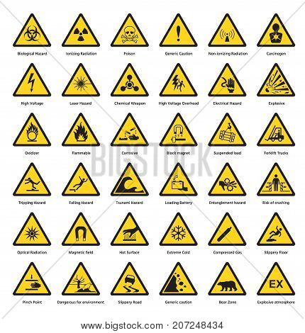 Set of triangle yellow warning sign hazard dander attention symbols chemical flammable security radiation caution icon vector illustration