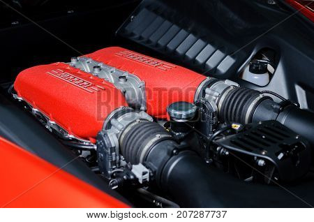 BANGKOK, THAILAND - OCTOBER 5, 2012: 4,499 cc V8 engine of Ferrari 458 Italia