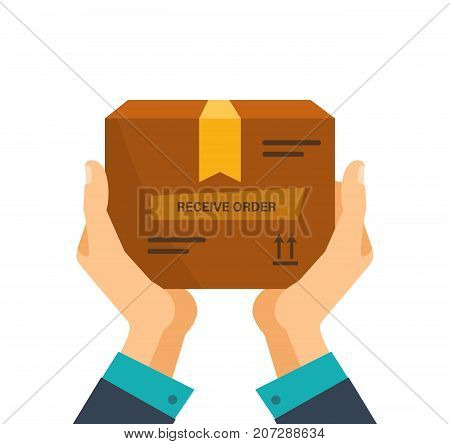 Concept for delivery service, receiving package, box from courier to customer, payment money. Delivery services, receive order, logistics and transportation, cargo shipment. Vector illustration