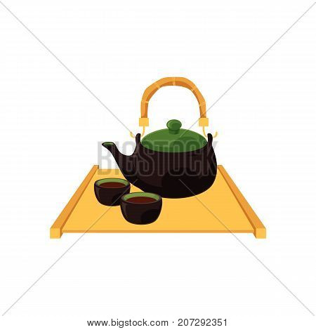 Chinese, Japanese teapot and teacups on wooden trivet tray platter, cartoon vector illustration on white background. Teapot and teacups, pots and cups on wooden trivet, Chinese, Japanese tea ceremony