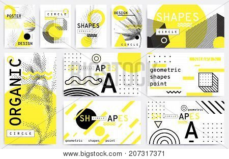 Universal trend posters set juxtaposed with bright bold geometric leaves foliage yellow elements composition. Background in restrained sustained tempered style. Magazine, leaflet, billboard, sale