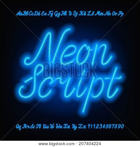 Neon script alphabet font. Blue neon uppercase and lowercase letters and numbers. Hand drawn vector typeface for your headers or any typography design.