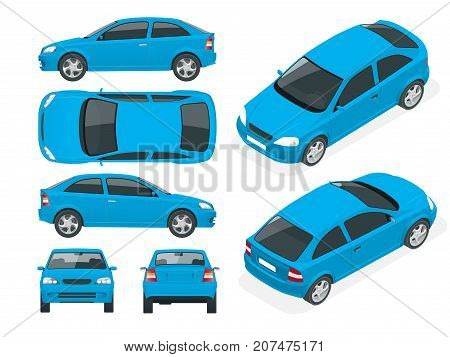 Set of Sedan Cars. Isolated car, template for car branding and advertising. Front, rear , side, top and isometry front and back Change the color in one click All elements in groups on separate layers