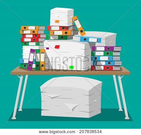 Pile of paper documents and file folders on table. Pile of papers. Office documents heap. Routine, bureaucracy, big data, paperwork, office. Vector illustration in flat style