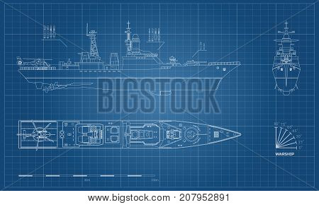 Blueprint of military ship. Top, front and side view. Battleship model. Industrial drawing. Warship in outline style. Vector illustration