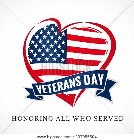 Veterans day USA heart emblem in national flag colors. Veterans day greeting card with USA heart shape design and Honoring all who served text. Vector illustration