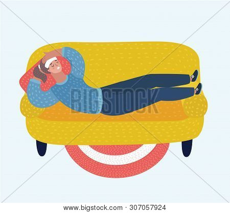 Vector Cartoon Illustration Of Adult Woman Lying On Sofa With Sickness. Sick Female Resting Or Laid 