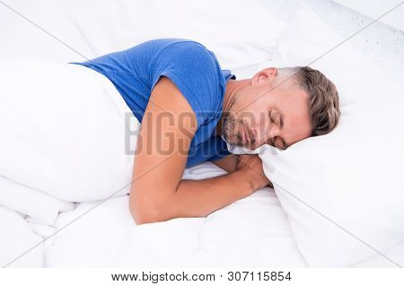 Sleeping Beauty. Man Handsome Guy Lay In Bed. Get Enough Amount Of Sleep Every Night. Tips Sleeping 