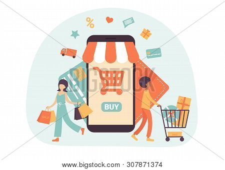 Happy People Doing Online Shopping And Carrying Shopping Bags, They Used A Mobile App On A Smartphon