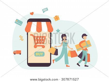 Happy Couple Doing Online Shopping Together And Carrying Shopping Bags, They Used A Mobile App On A 