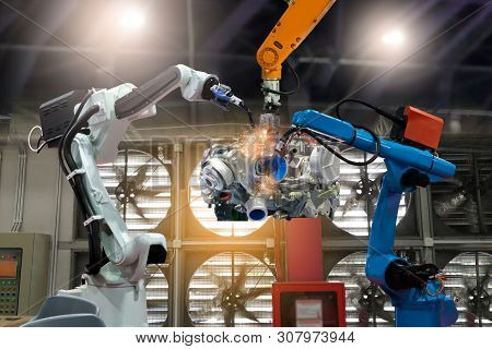 Control Automation Robot Arms The Production Of Factory Parts Engine Manufacturing Industry Robots A