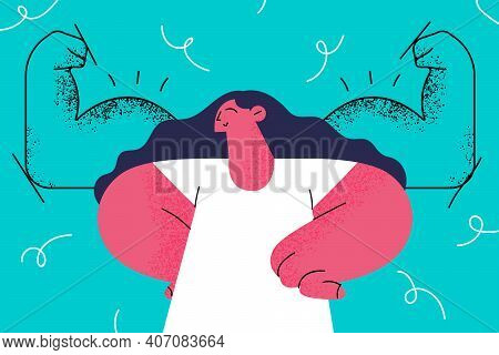 Female Self Confidence, Esteem, Strength Concept. Brave Woman Standing Showing Biceps Facing Fears L