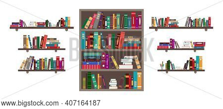 Book On Shelf. Bookshelf With Books In Library. Bookcase With Literature In School For Education. Bo