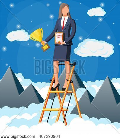 Businesswoman Holding Trophy, Showing Award Certificate Celebrates Victory. Mountains, Cloud, Sky. B