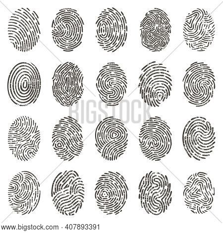 Biometric Fingerprints. Human Grunge Individual Finger Prints, Biometric Thumb Lines And Hand Marks.