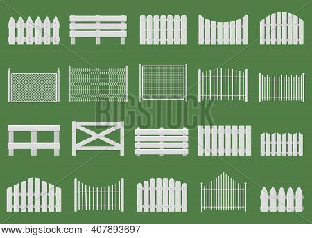 White Fences. Wooden Fences, Garden Or House Wood Fencing. Rural White Fence Isolated Vector Illustr