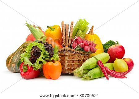 assortment vegetables and fruits in basket isolated on white background