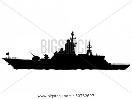 Silhouette of a large warship on a white background