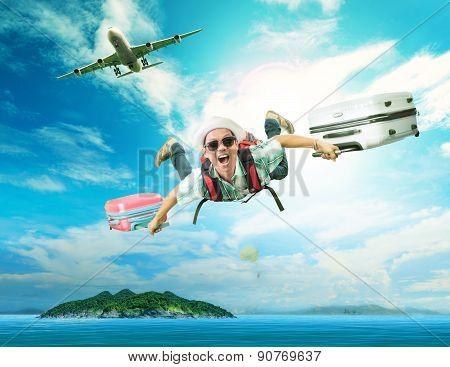 Young Man Flying From Passenger Plane To Natural Destination Island On Blue Ocean With Happiness Fac