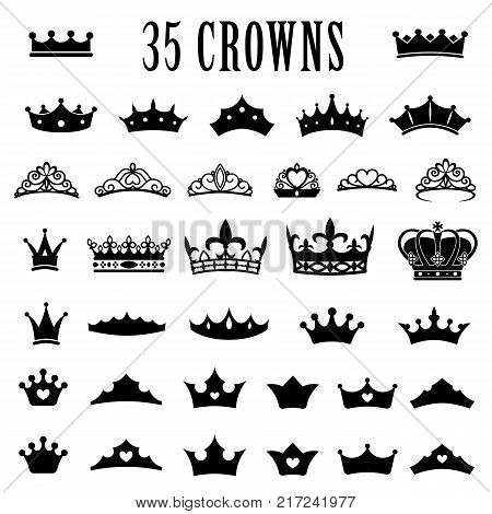 Crown icons. Princess crown. King crowns. Icon set. Antique crowns. Vector illustration. Flat style Silhouette