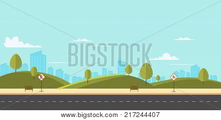 Street in public park with nature landscape and building background vector illustration.Main street scene with public sign vector.City street with sky background