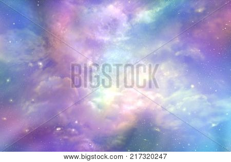 This must be what the Heavens Above looks like  -  Multicolored ethereal cosmic sky scape with fluffy clouds, stars, nebulas, and bright light depicting Heaven