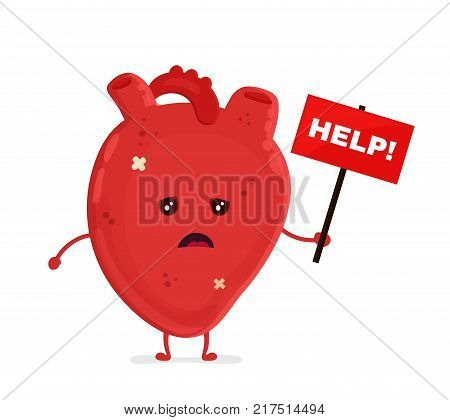 Sad unhealthy sick heart with nameplate help. Vector modern style cartoon character illustration icon design. help unhealthy heart concept.