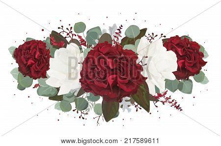 Vector floral bouquet design: garden red burgundy Rose flower white peony seeded Eucalyptus branch amaranthus & silver green fern leaves Watercolor designer element. Wedding invite card greeting